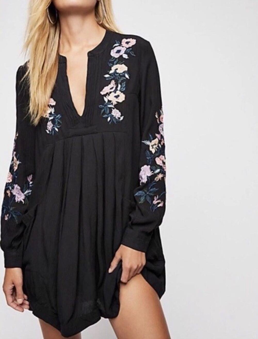 Free People Mia Black Embroidered Boho Gauze Coverup Mini Dress *Snags READ* M